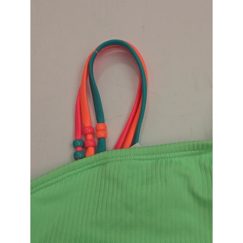 Art Class Girl Lime Green Ribbed One Piece Swimsuit Cutout Multi Strap S 6/7 NWT